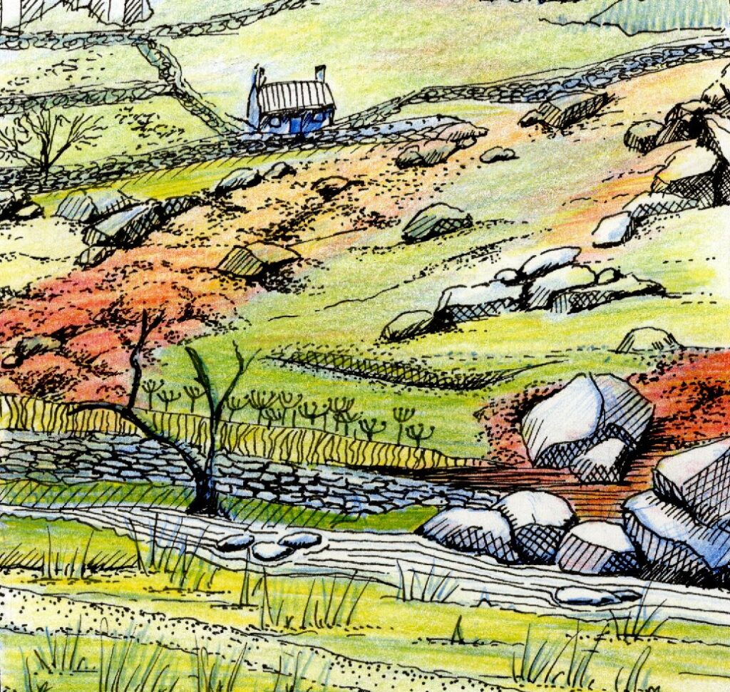 Landscape drawing in coloured pencil